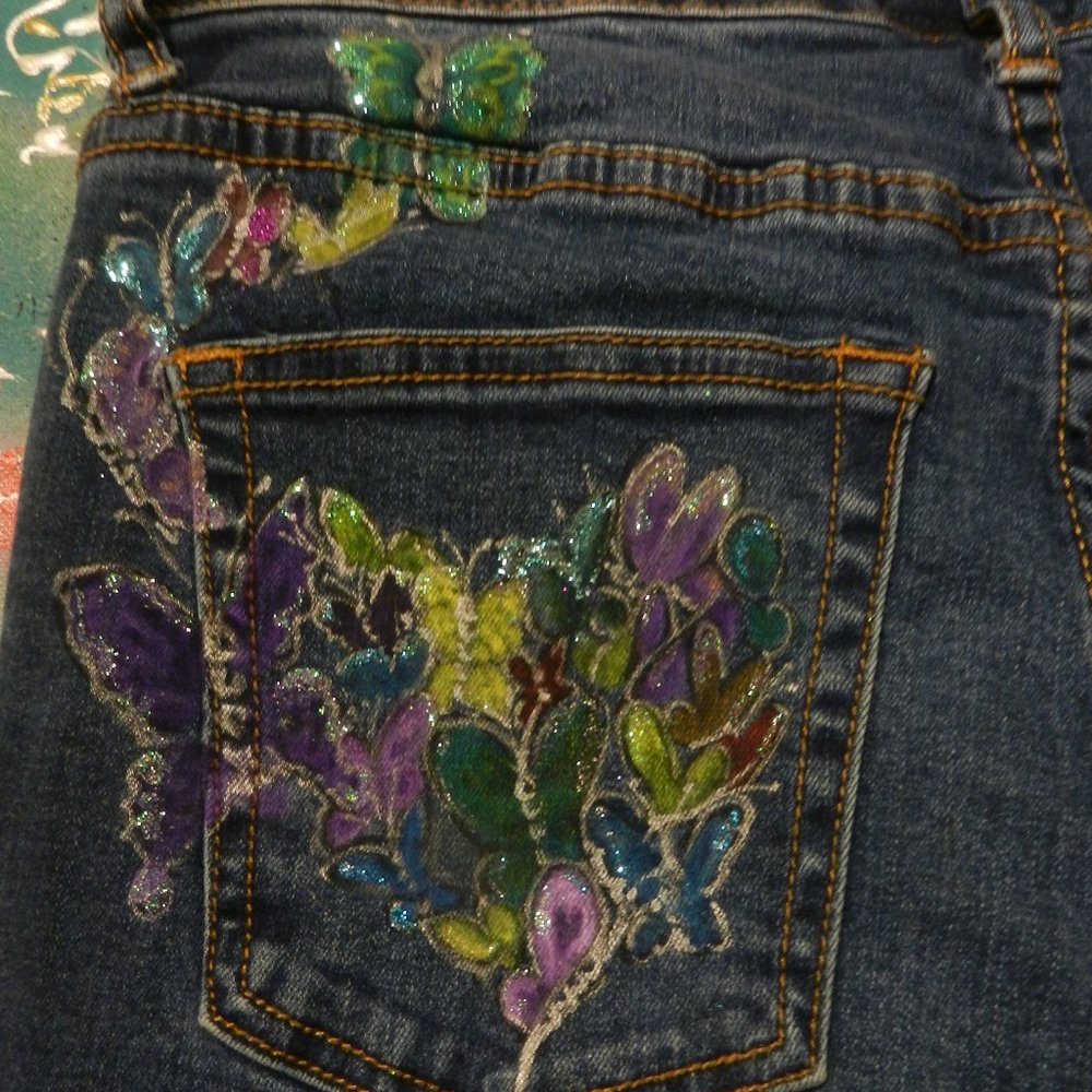 OOAK Metamorphosis butterfly statement jeans hand painted artisan denim SMALL - Picture 4 of 16